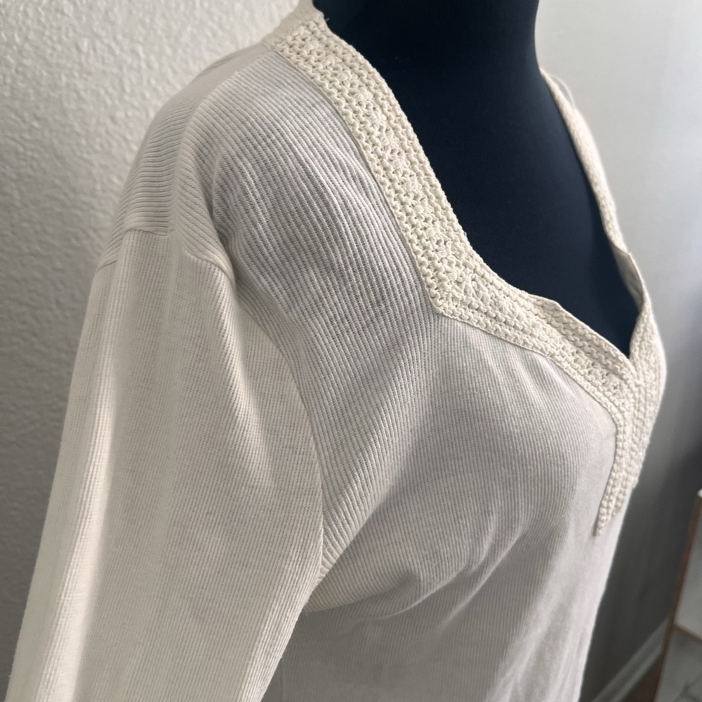 Prana Women's Large Ivory Top Blouse Crochet Bell Sleeve Boho Ribbed - Picture 6 of 10